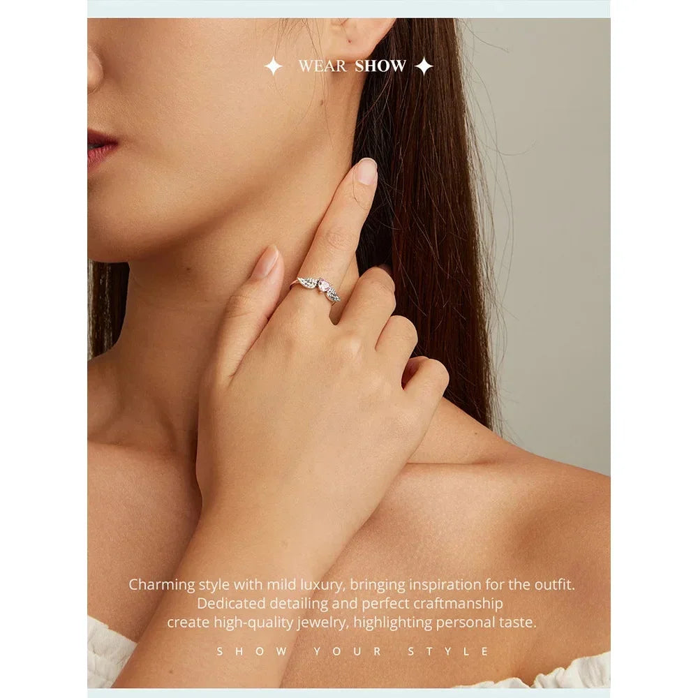 925 Sterling Silver Pink Heart Wing CZ Ring