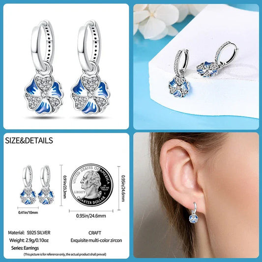 Elegant Blue Flower Charm Sterling Silver Hoop Earrings