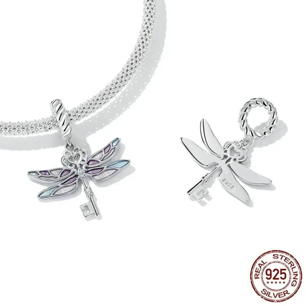 Sterling Silver Dragonfly Key Charm With Enamel - Colorful Pendant For Bracelets