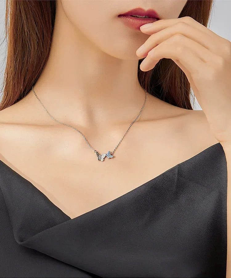 Soar with Style: Blue Zircon Korean Style Sterling Silver Butterfly Necklace