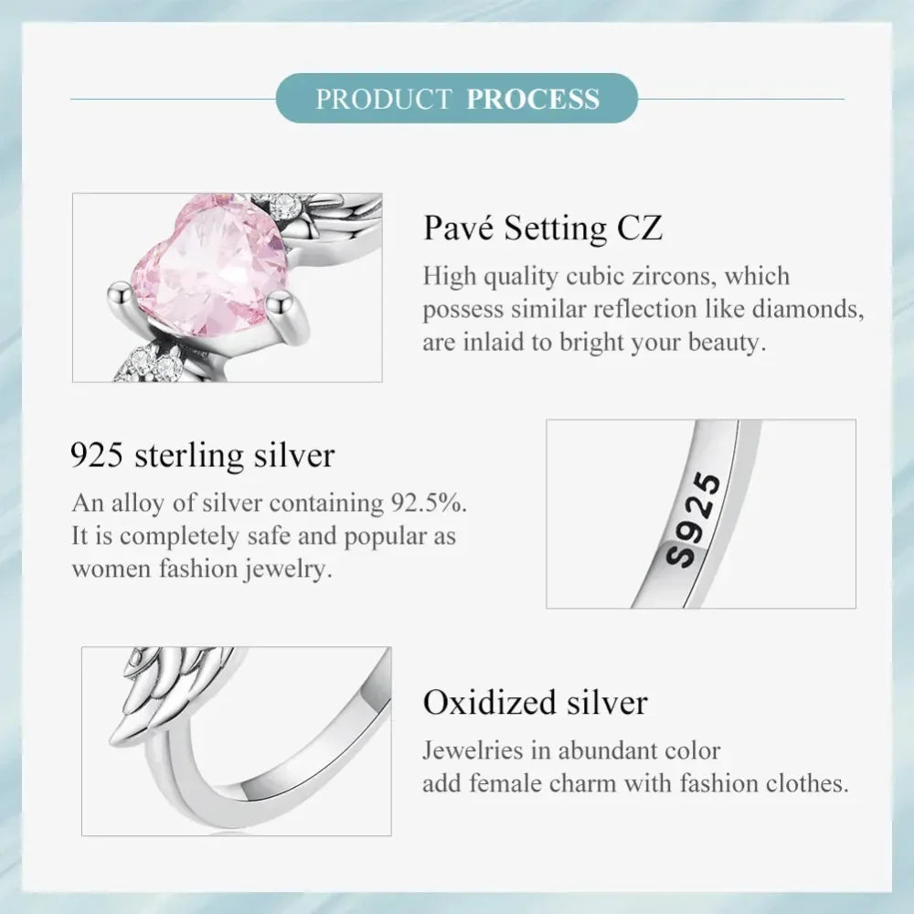 925 Sterling Silver Pink Heart Wing CZ Ring