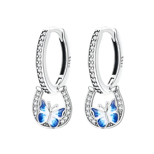 Lucky Charm Blue Butterfly Sterling Silver Hoop Earrings