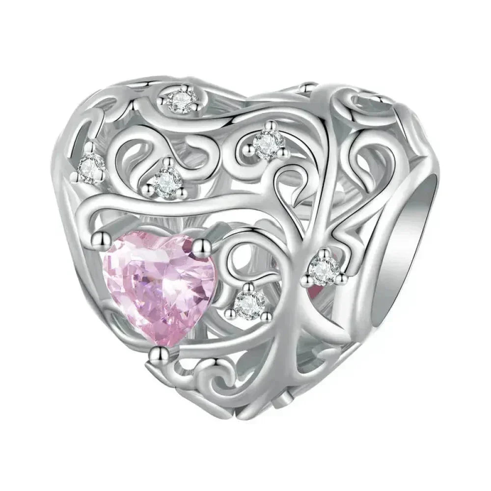925 Sterling Silver Diy Heart Charm With Pink Zircon - Bsc777