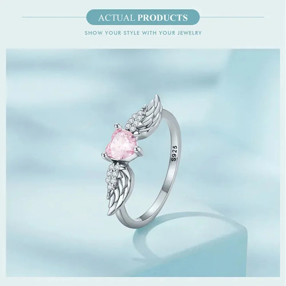 925 Sterling Silver Pink Heart Wing CZ Ring