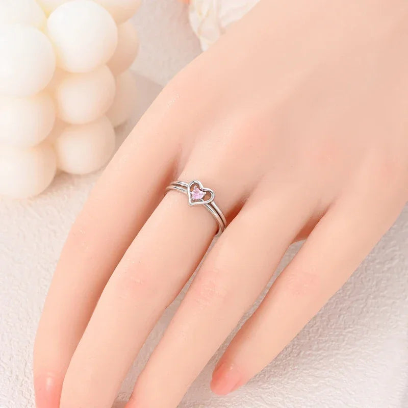 925 Sterling Silver Pink Double Heart Ring