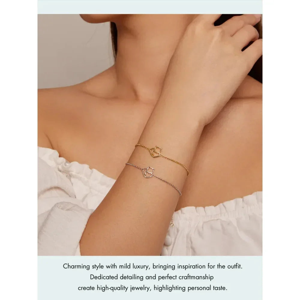 925 Sterling Silver Cat Heart Chain Bracelet