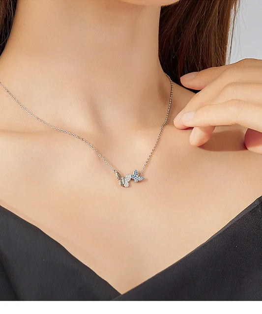 Soar with Style: Blue Zircon Korean Style Sterling Silver Butterfly Necklace