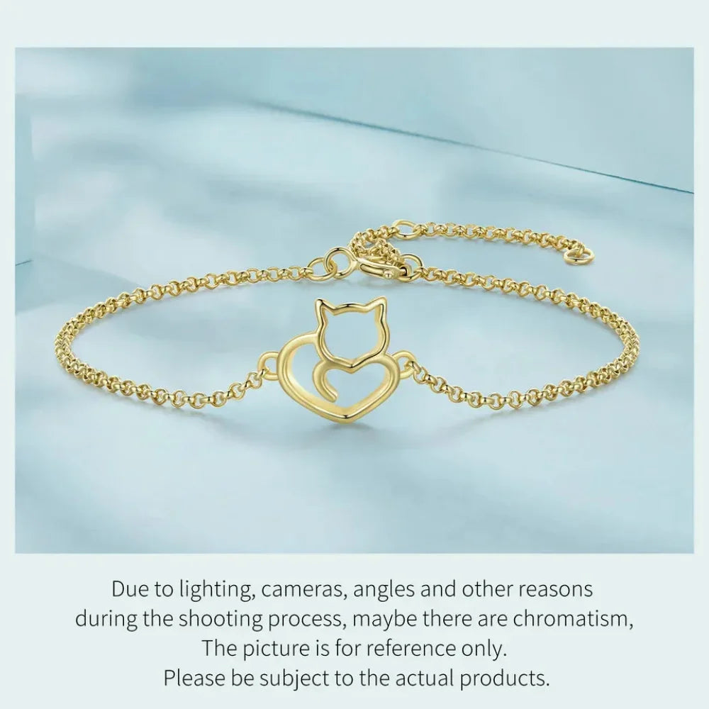 925 Sterling Silver Cat Heart Chain Bracelet