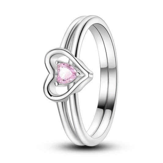 925 Sterling Silver Pink Double Heart Ring