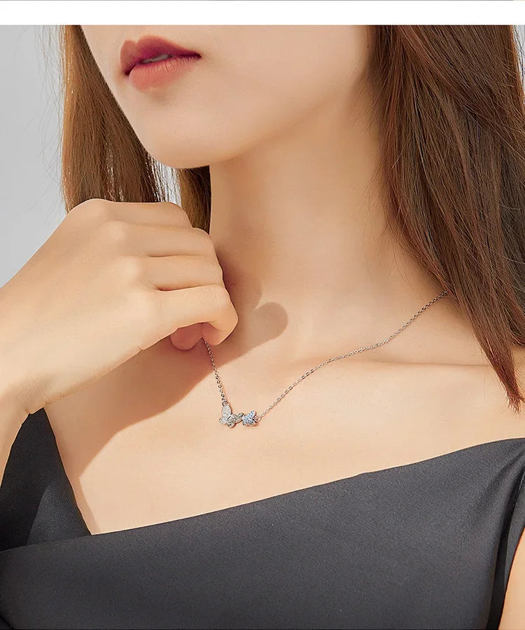 Soar with Style: Blue Zircon Korean Style Sterling Silver Butterfly Necklace