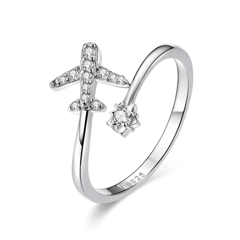 Genuine 925 Sterling Silver Flying Plane Open Adjustable Ring With Clear Cz - Fine Jewelry