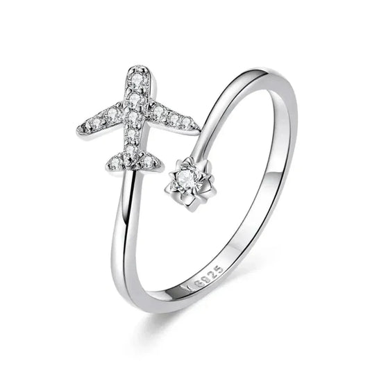 Genuine 925 Sterling Silver Flying Plane Open Adjustable Ring With Clear Cz - Fine Jewelry