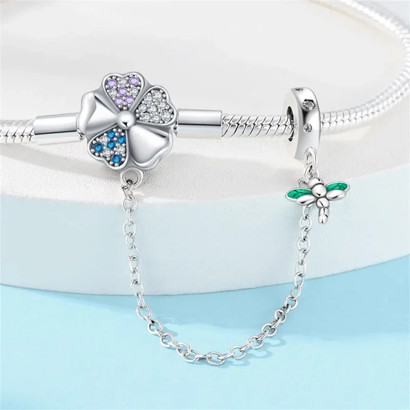 Sterling Silver Clover & Dragonfly Charm Bracelet with Safety Chain