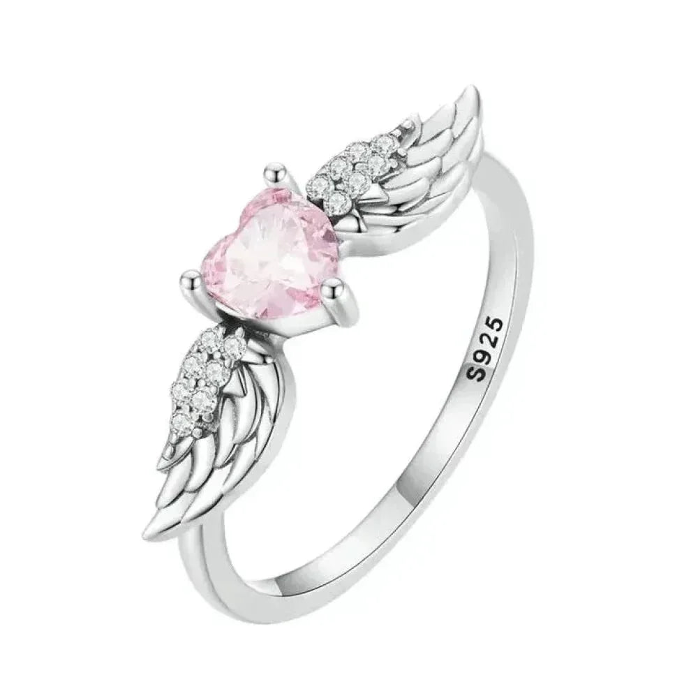 925 Sterling Silver Pink Heart Wing CZ Ring