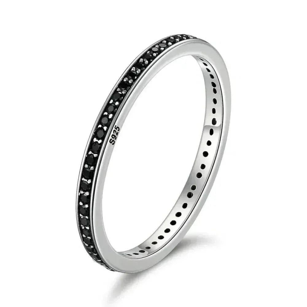 Breathtaking 925 Sterling Silver Double Circle Black Clear Cz Stackable Ring