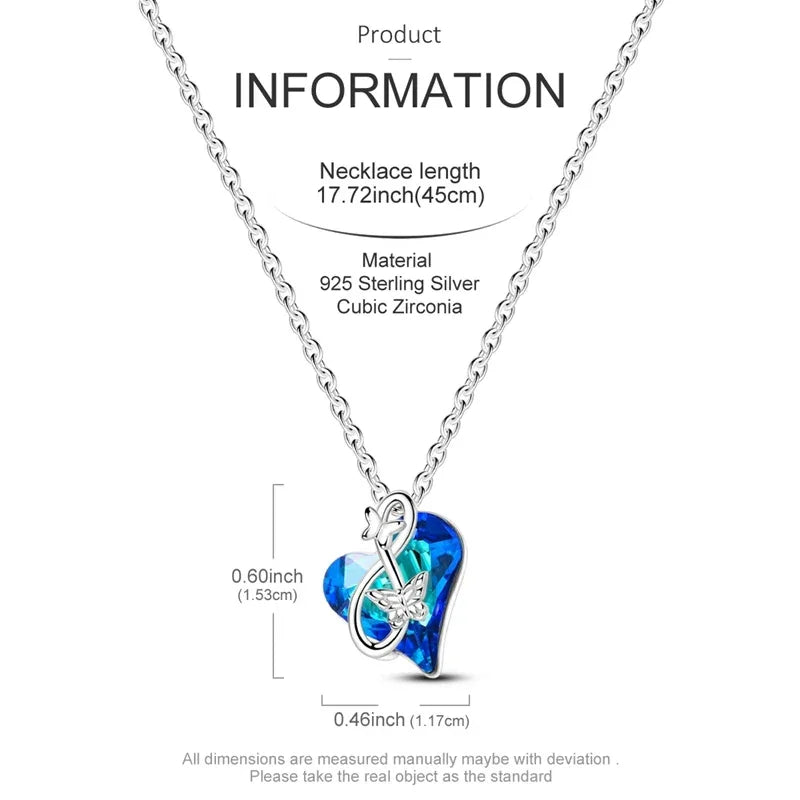 925 Sterling Silver Blue Crystal Heart & Butterfly Necklace