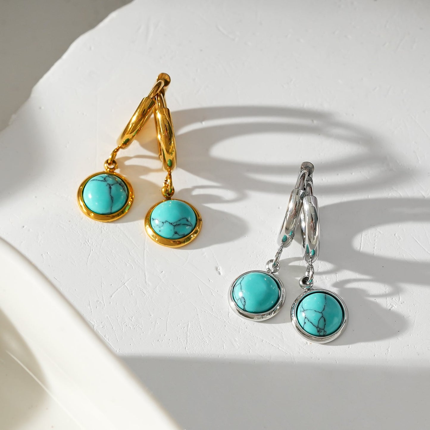 Style SAGRES White Gold (Silver Toned): Vintage Inspired Natural Stone Drop Hoop Earrings