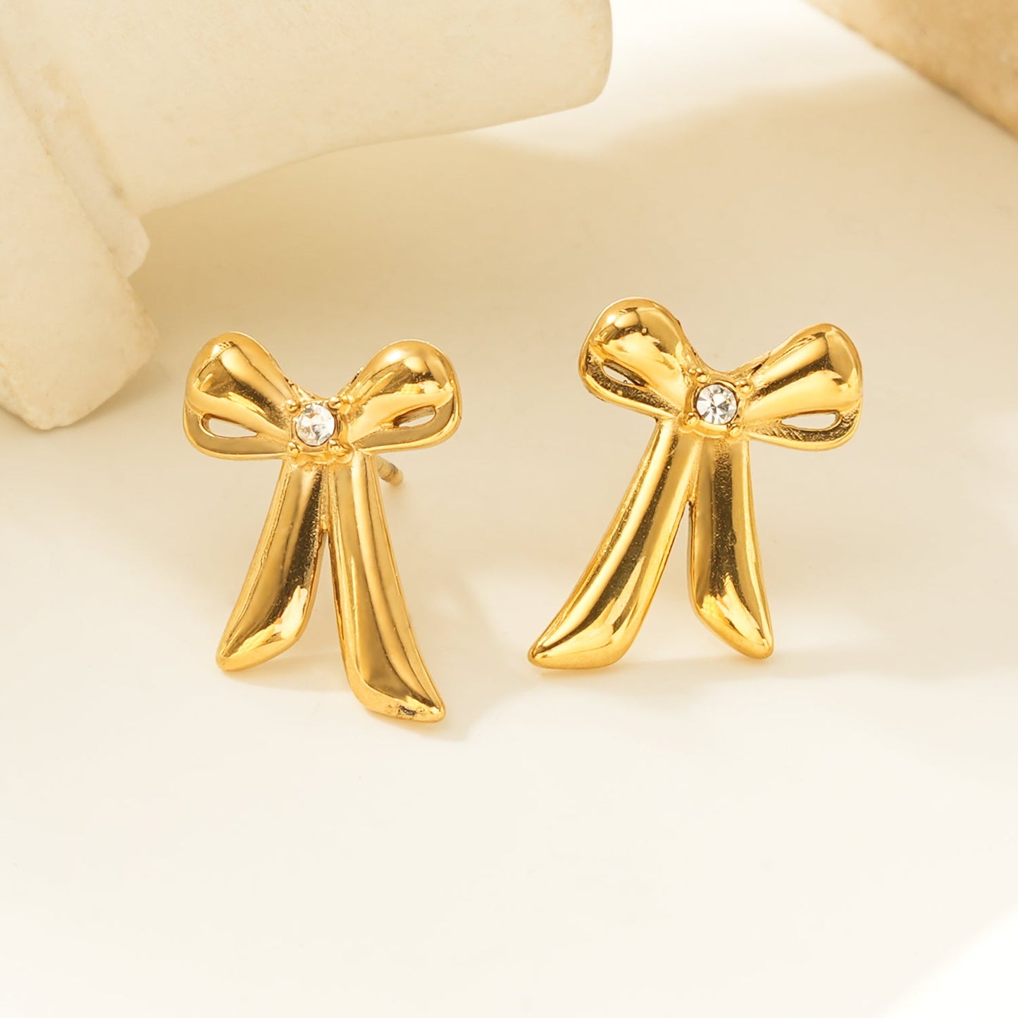 SAMANTHA Gold: Bow Stud Earrings with Solitaire Zirconia – Dainty & Chic Everyday Jewelry