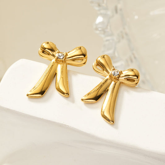 SAMANTHA Gold: Bow Stud Earrings with Solitaire Zirconia – Dainty & Chic Everyday Jewelry