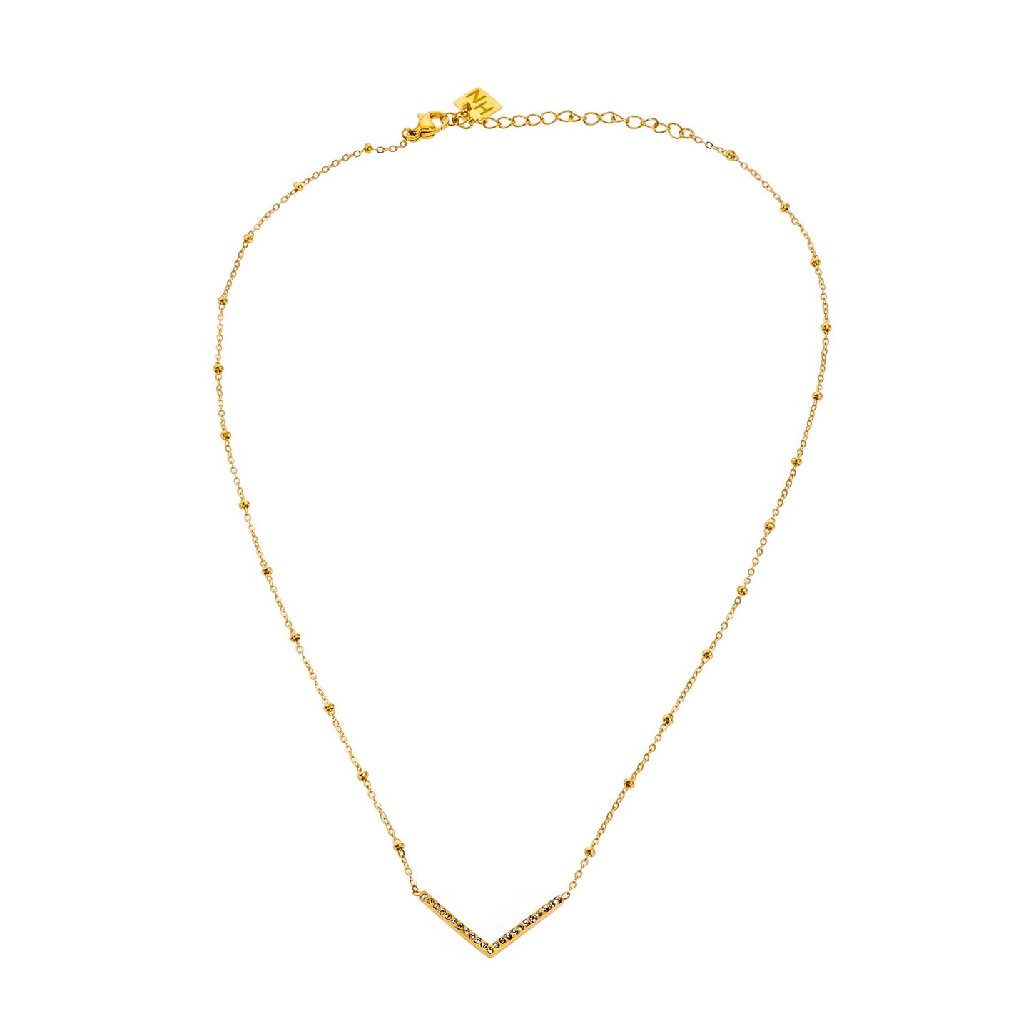 SANITA: Beaded Dainty Chain Anchoring 'V' Shaped Zirconia Embedded Pendant Charm