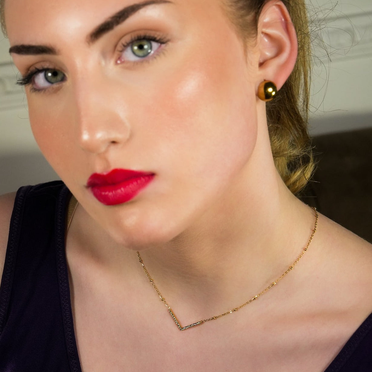 SANITA: Beaded Dainty Chain Anchoring 'V' Shaped Zirconia Embedded Pendant Charm