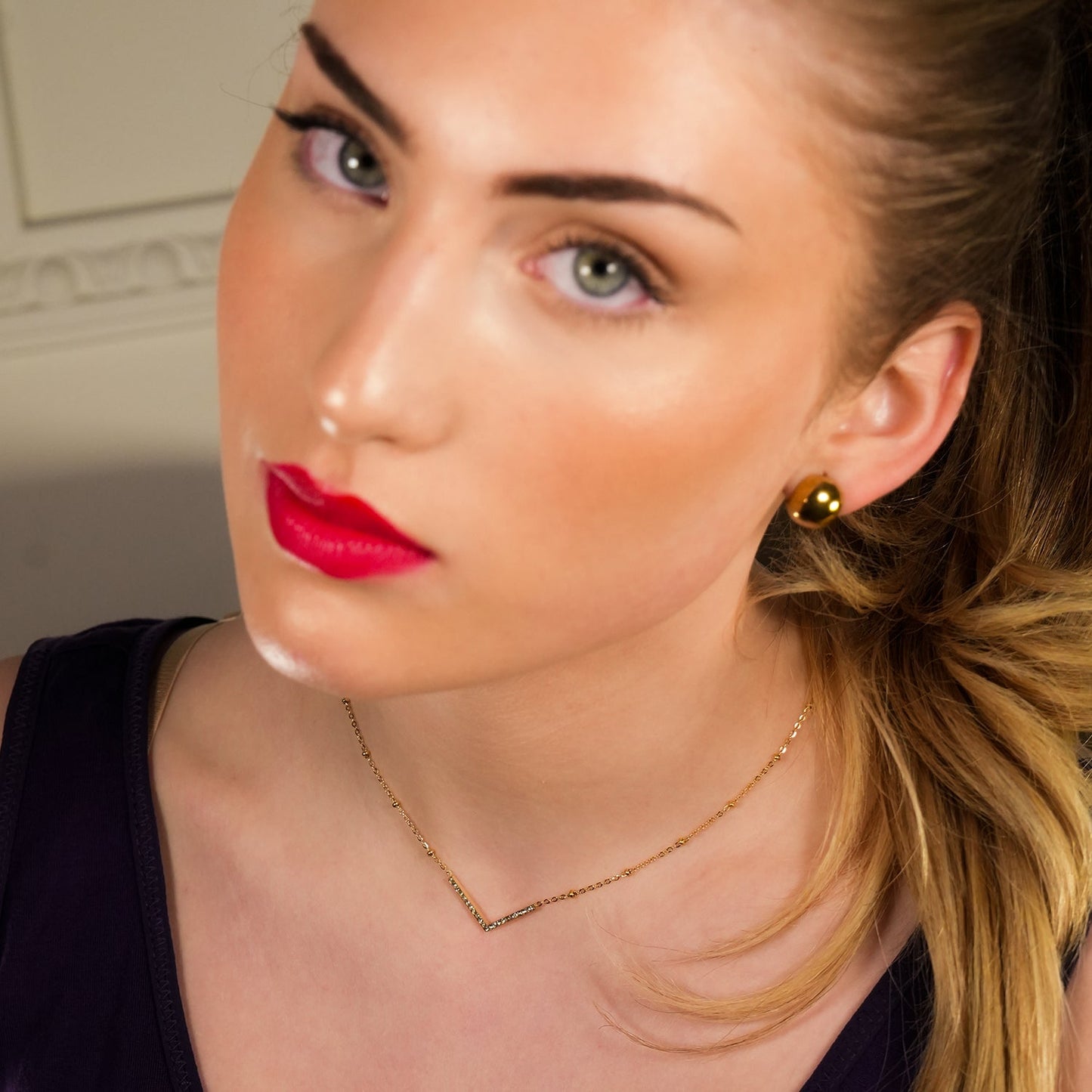 SANITA: Beaded Dainty Chain Anchoring 'V' Shaped Zirconia Embedded Pendant Charm