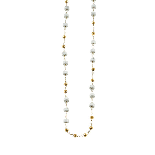 SANTA CRUZ White: Gold & White Stone Beaded Chain Necklace