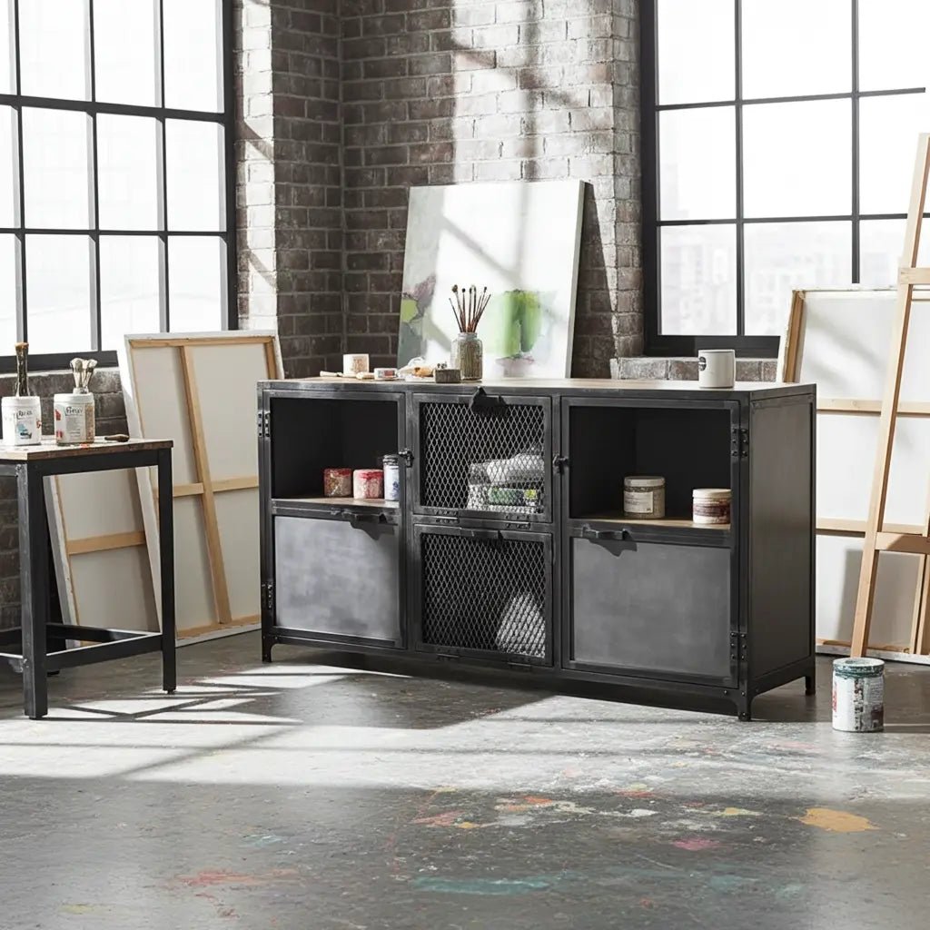 Buffet Ibiza en bois de manguier et acier brut portes vitrées