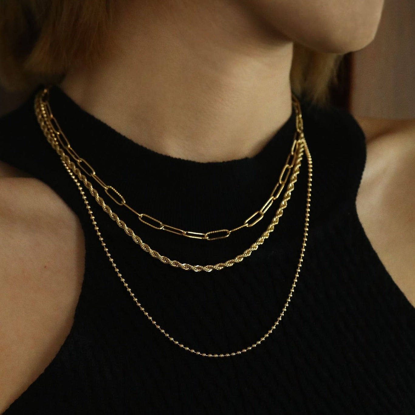 SELENE: Triple Layer Mixed Chain Gold Necklace