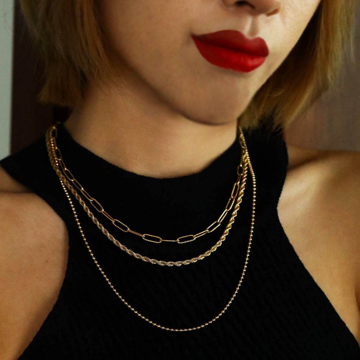 SELENE: Triple Layer Mixed Chain Gold Necklace