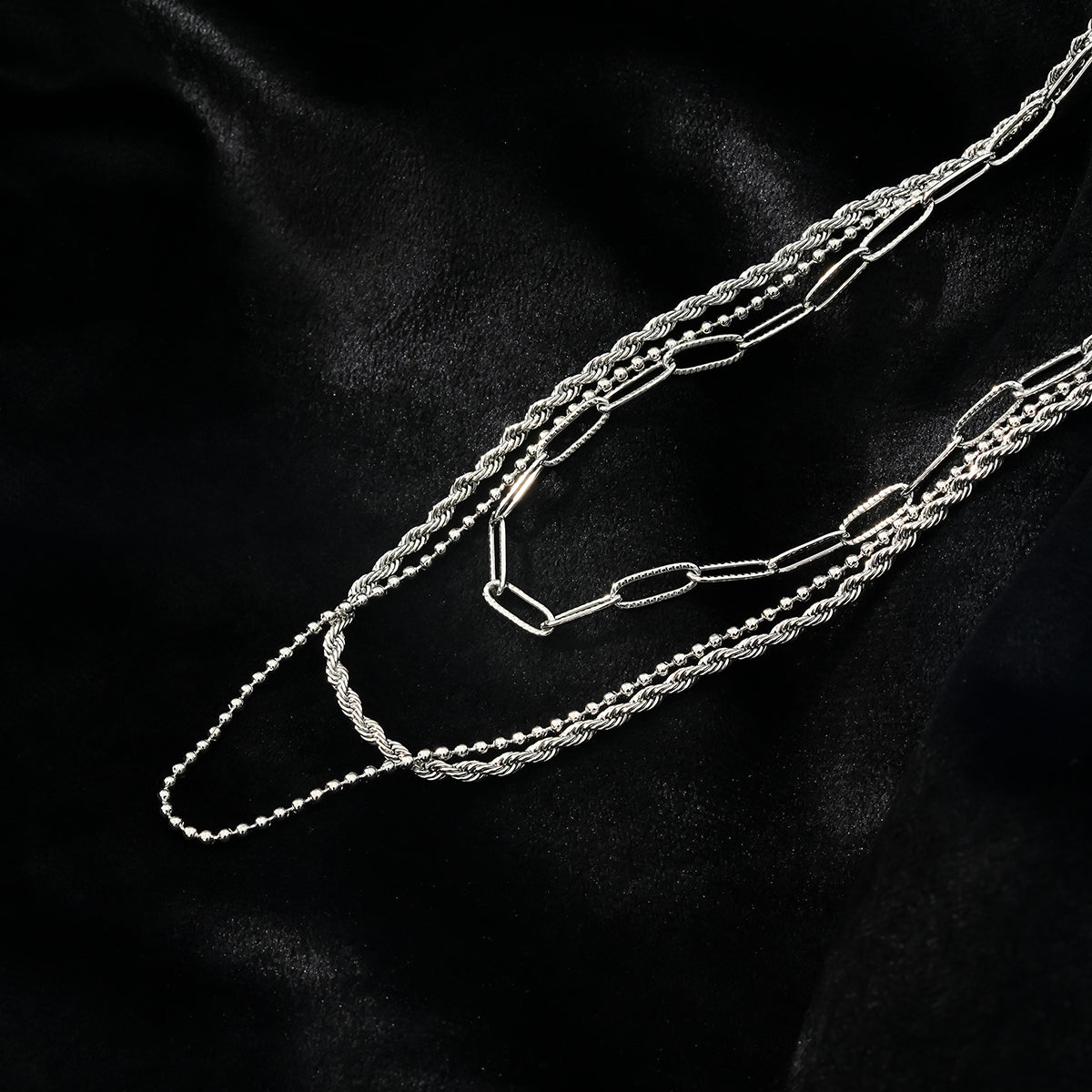 SELENE: Triple Layer Mixed Chain Necklace in Silver Toned White Gold