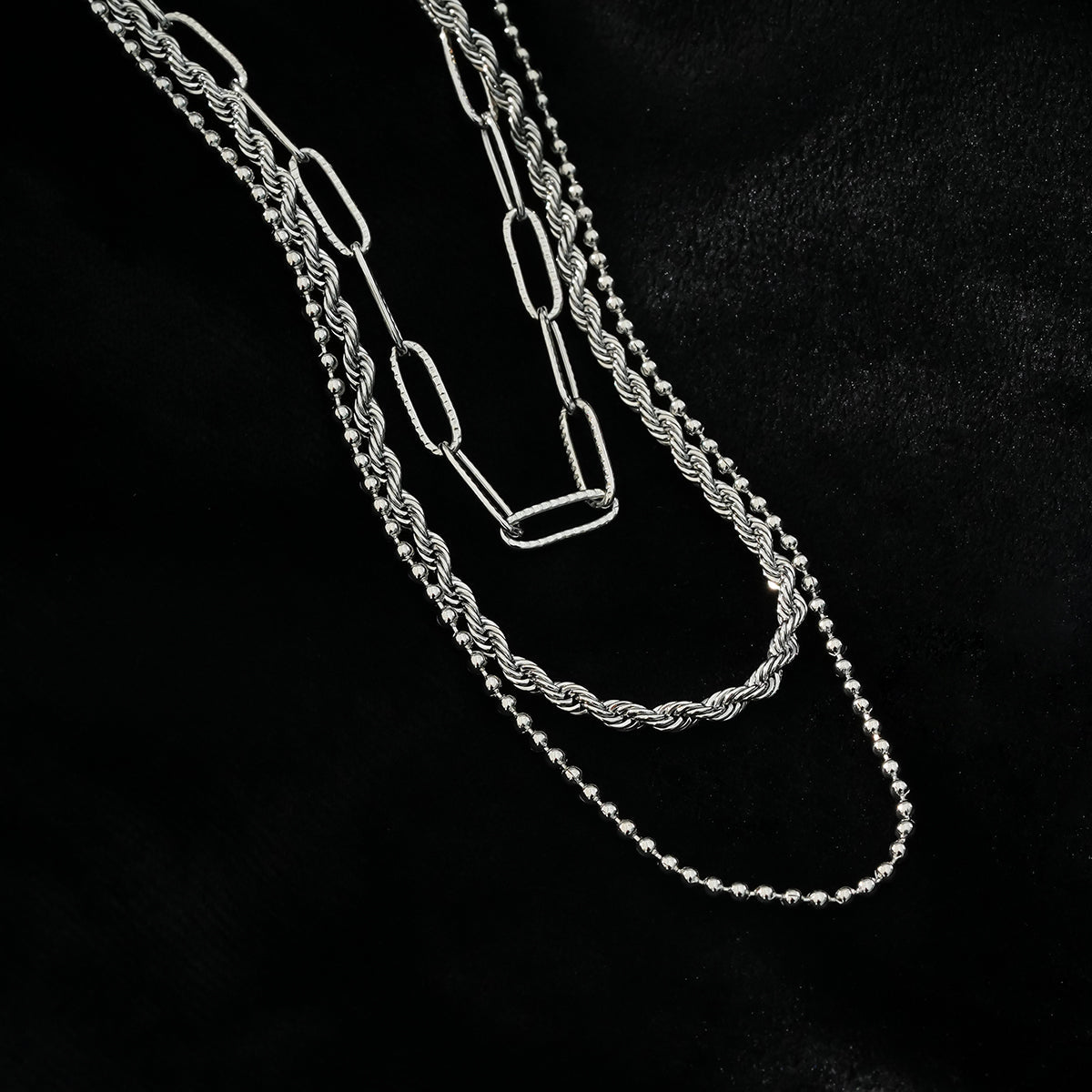 SELENE: Triple Layer Mixed Chain Necklace in Silver Toned White Gold