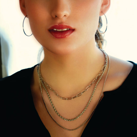 SELENE: Triple Layer Mixed Chain Necklace in Silver Toned White Gold