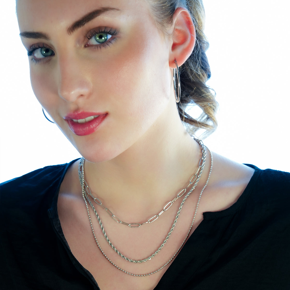 SELENE: Triple Layer Mixed Chain Necklace in Silver Toned White Gold