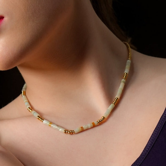 SHAZIA: Amazonite Stones and Gold Beaded Combo Chain Necklace