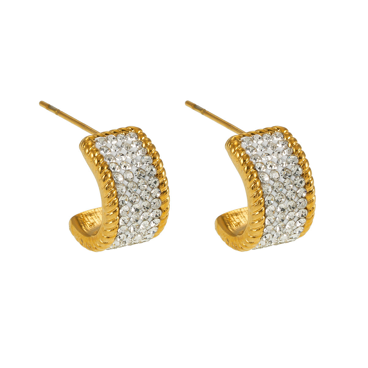 SHEERAN Gold: Quadruple-Row Pavé Zirconia (CZ) Hoop Stud Earrings with Ornate Border