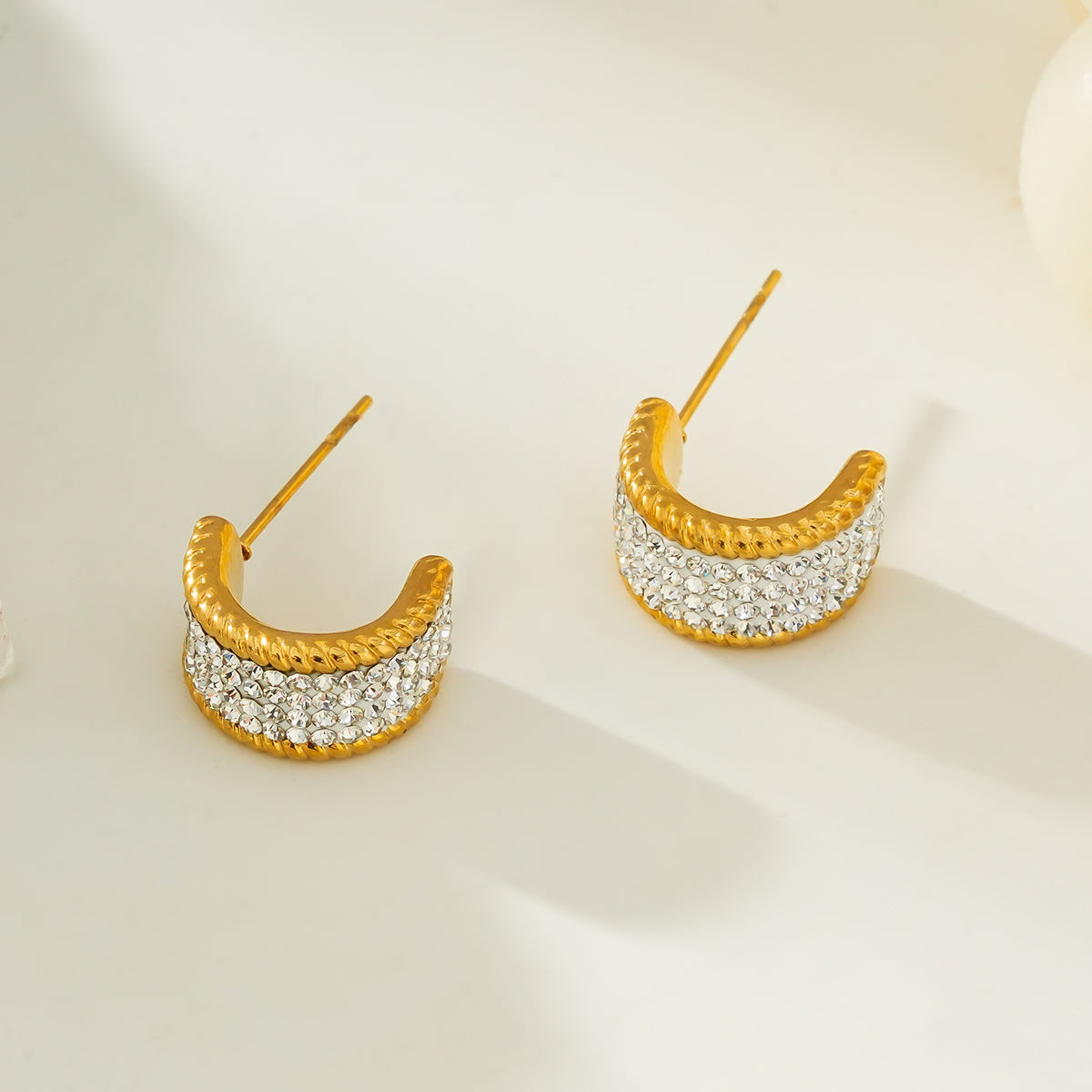 SHEERAN Gold: Quadruple-Row Pavé Zirconia (CZ) Hoop Stud Earrings with Ornate Border