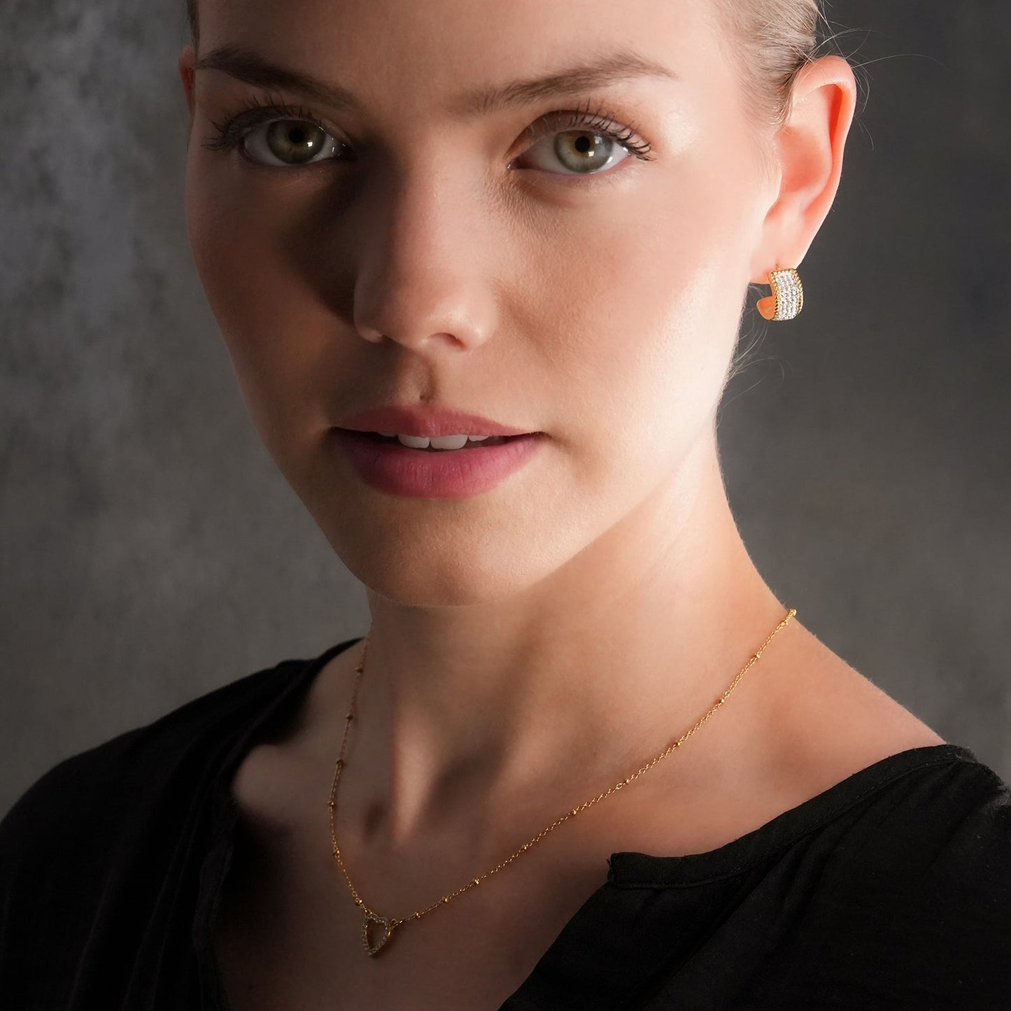 SHEERAN Gold: Quadruple-Row Pavé Zirconia (CZ) Hoop Stud Earrings with Ornate Border