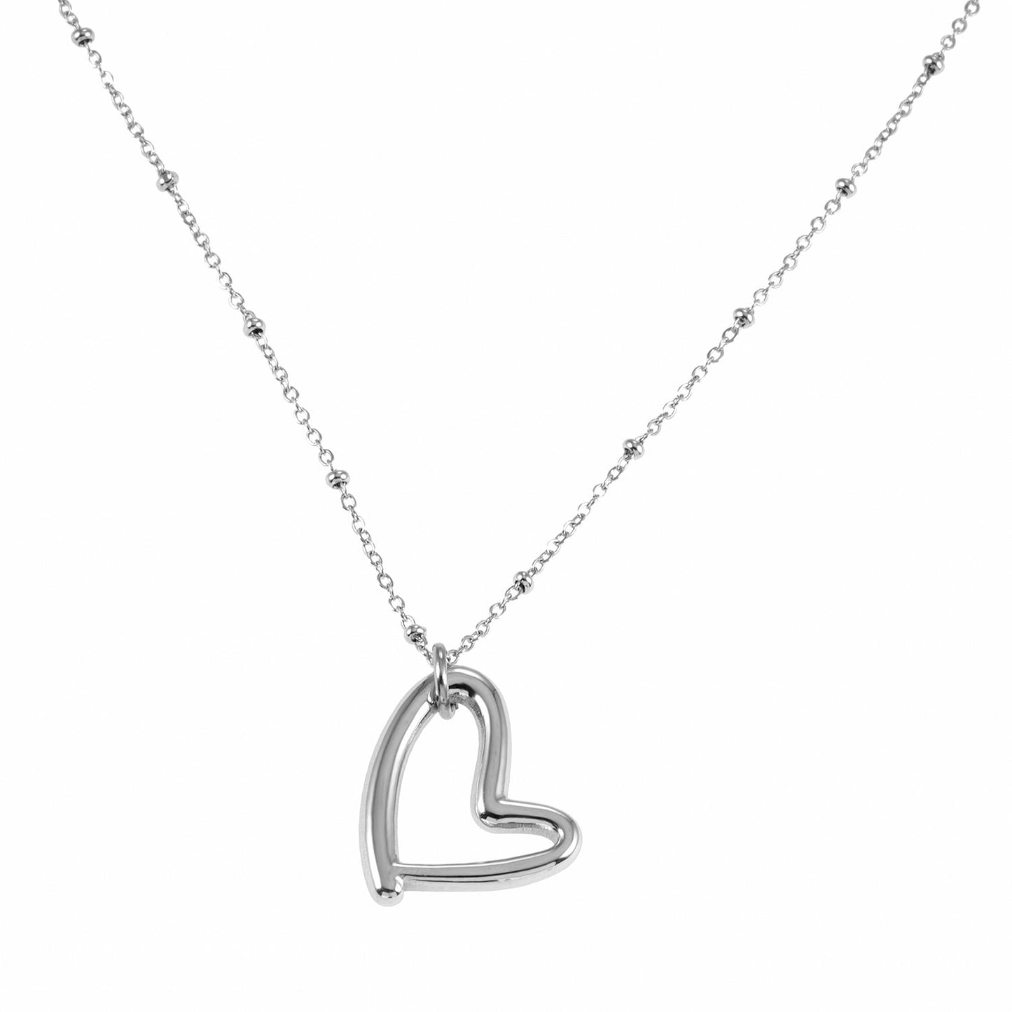 SMITTEN Silver (White Gold): Dainty Beaded Chain Anchoring an Abstract Heart Shaped Pendant
