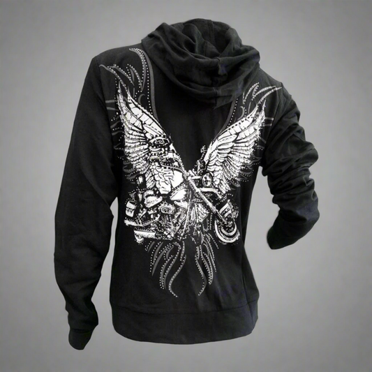 Women's Rhinestone Motorcycle Wing Hoodie