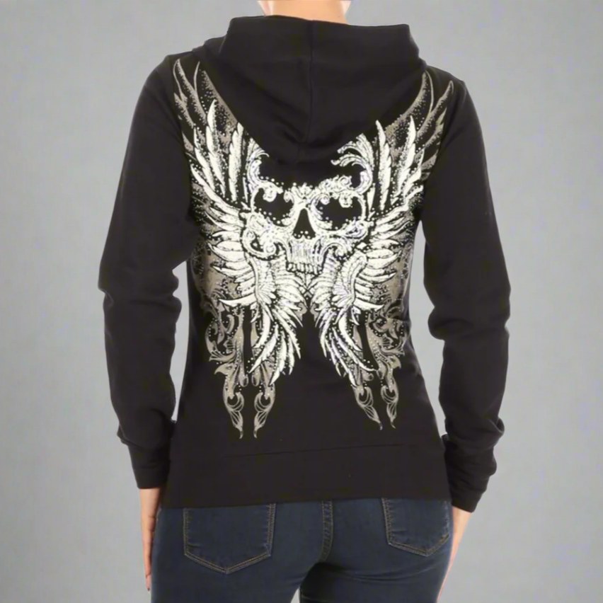 Women's Rhinestone Skull Wing Hoodie