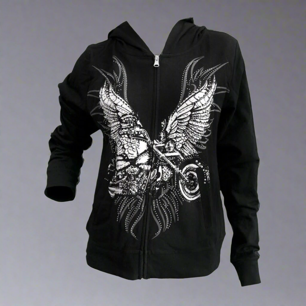 Women's Rhinestone Motorcycle Wing Hoodie