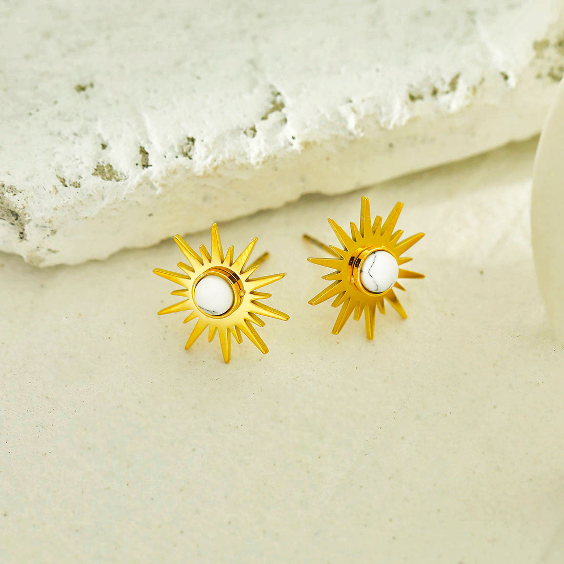 SOLE WHITE Sun Symbol Natural Stone Stud Earrings