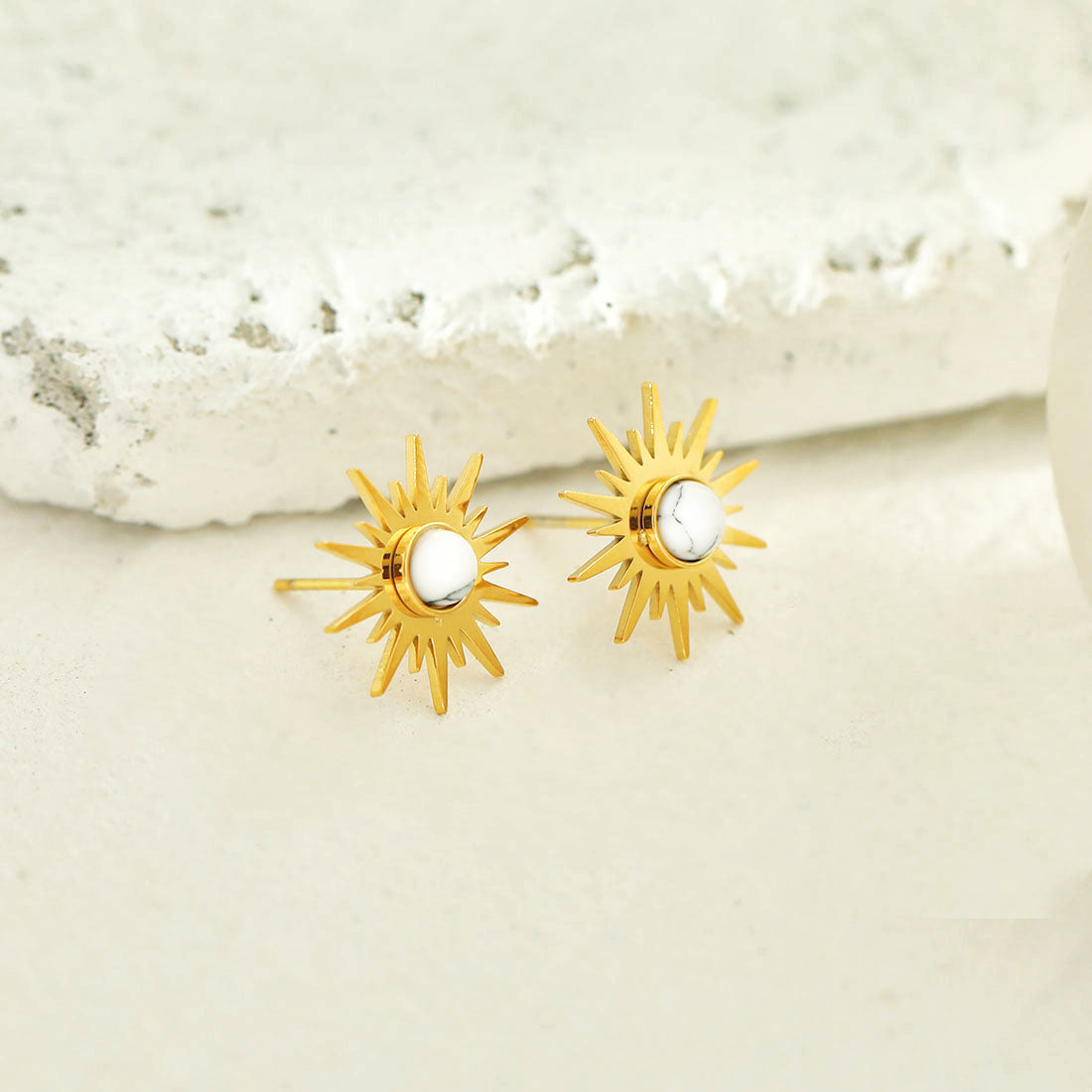 SOLE WHITE Sun Symbol Natural Stone Stud Earrings