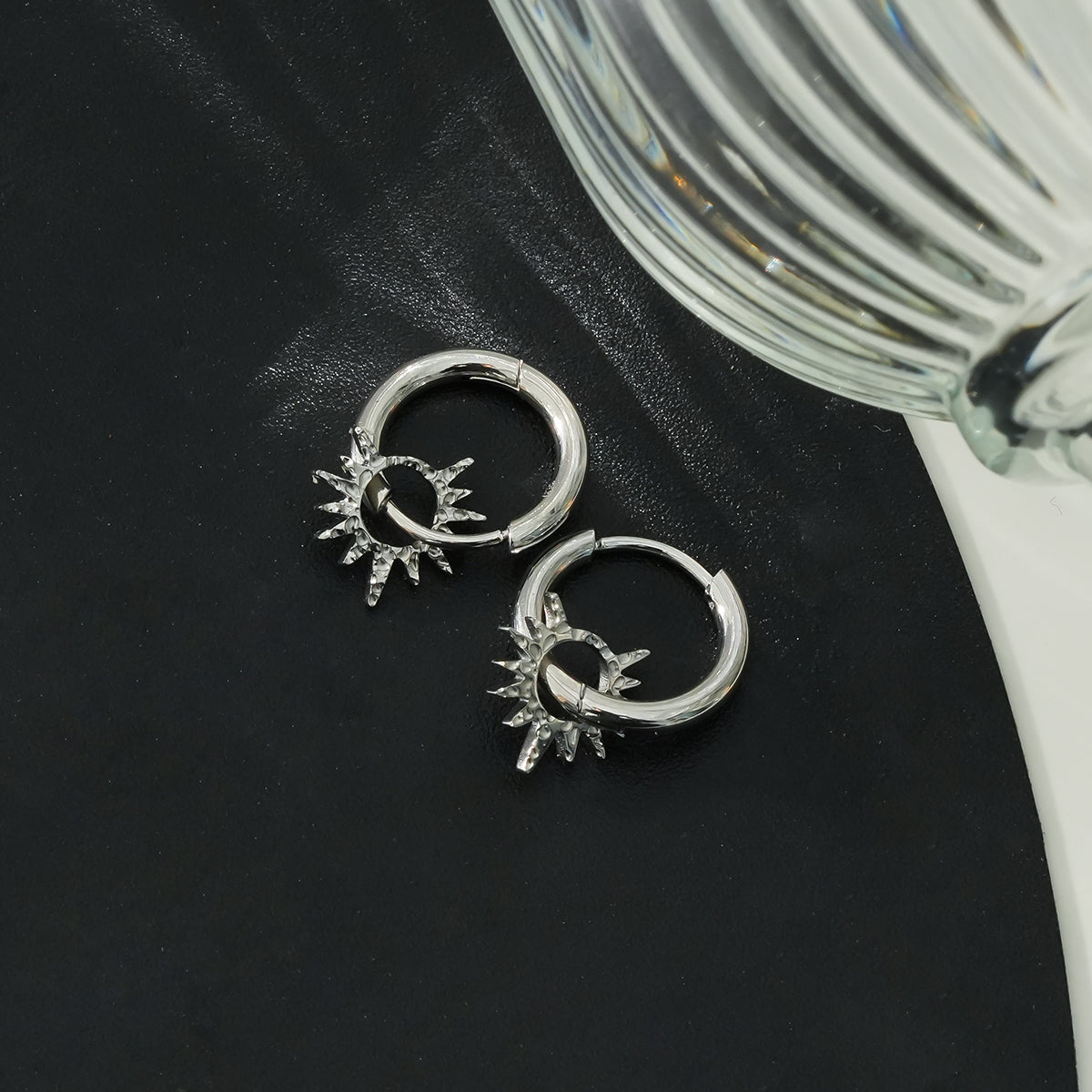 SONNE White Gold (Silver Toned): Vintage Inspired Hoops with Textured Star Charms