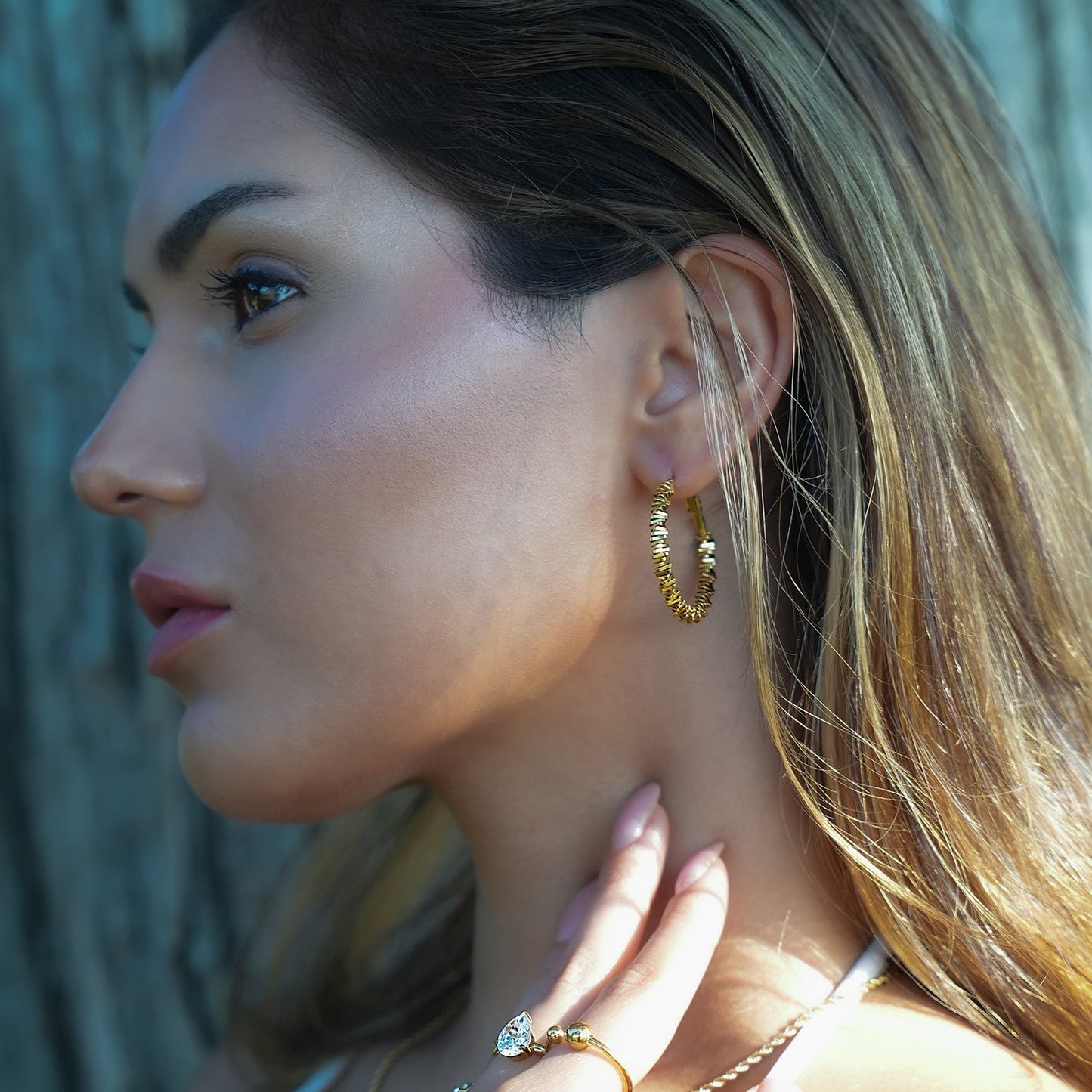 SPRINGDALE Gold: Textured Geometric Square Beaded Hoop Earrings