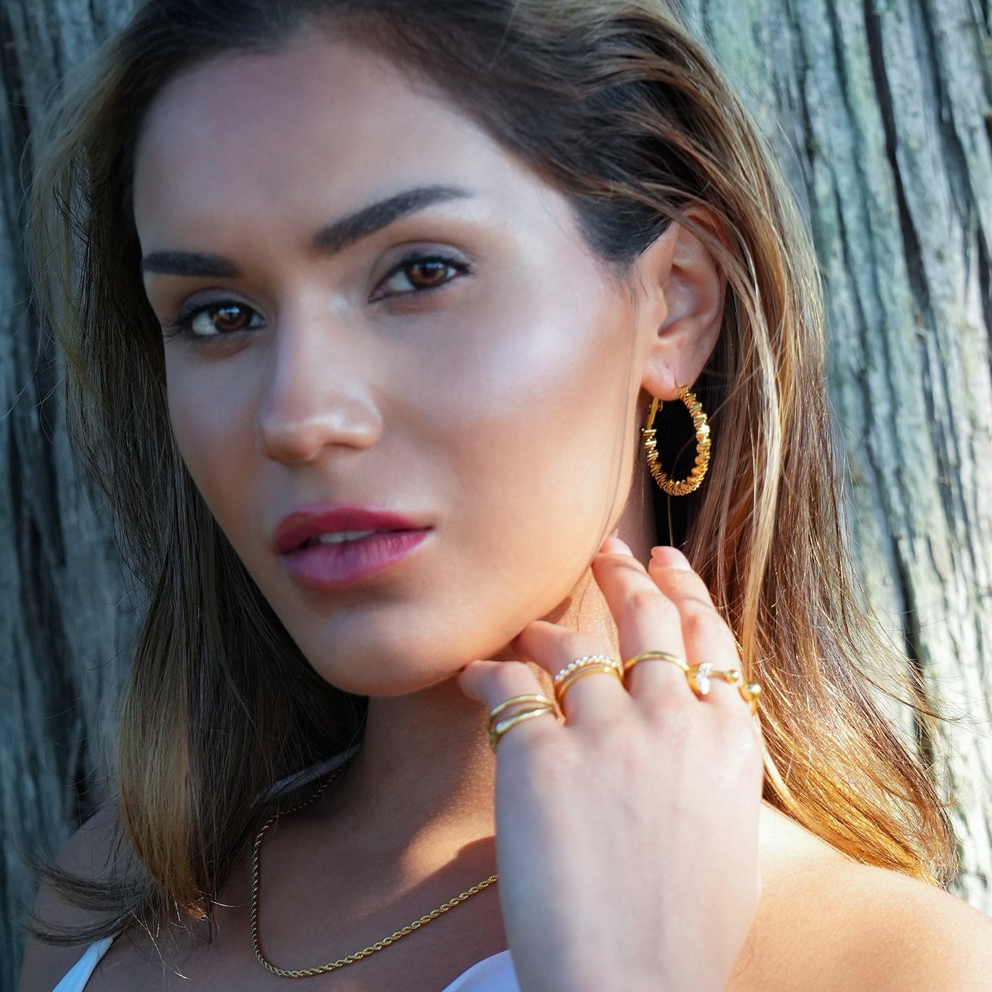 SPRINGDALE Gold: Textured Geometric Square Beaded Hoop Earrings