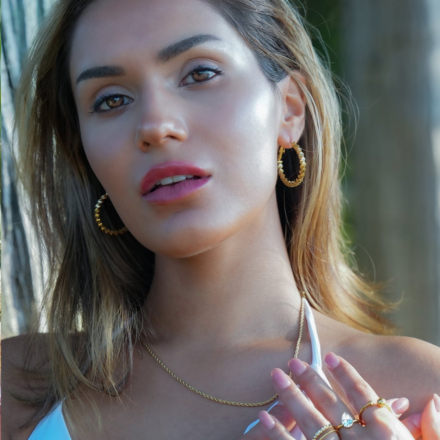 SPRINGDALE Gold: Textured Geometric Square Beaded Hoop Earrings