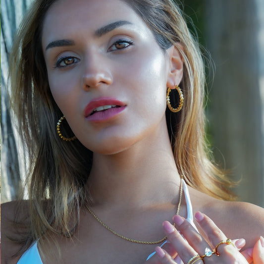 SPRINGDALE Gold: Textured Geometric Square Beaded Hoop Earrings