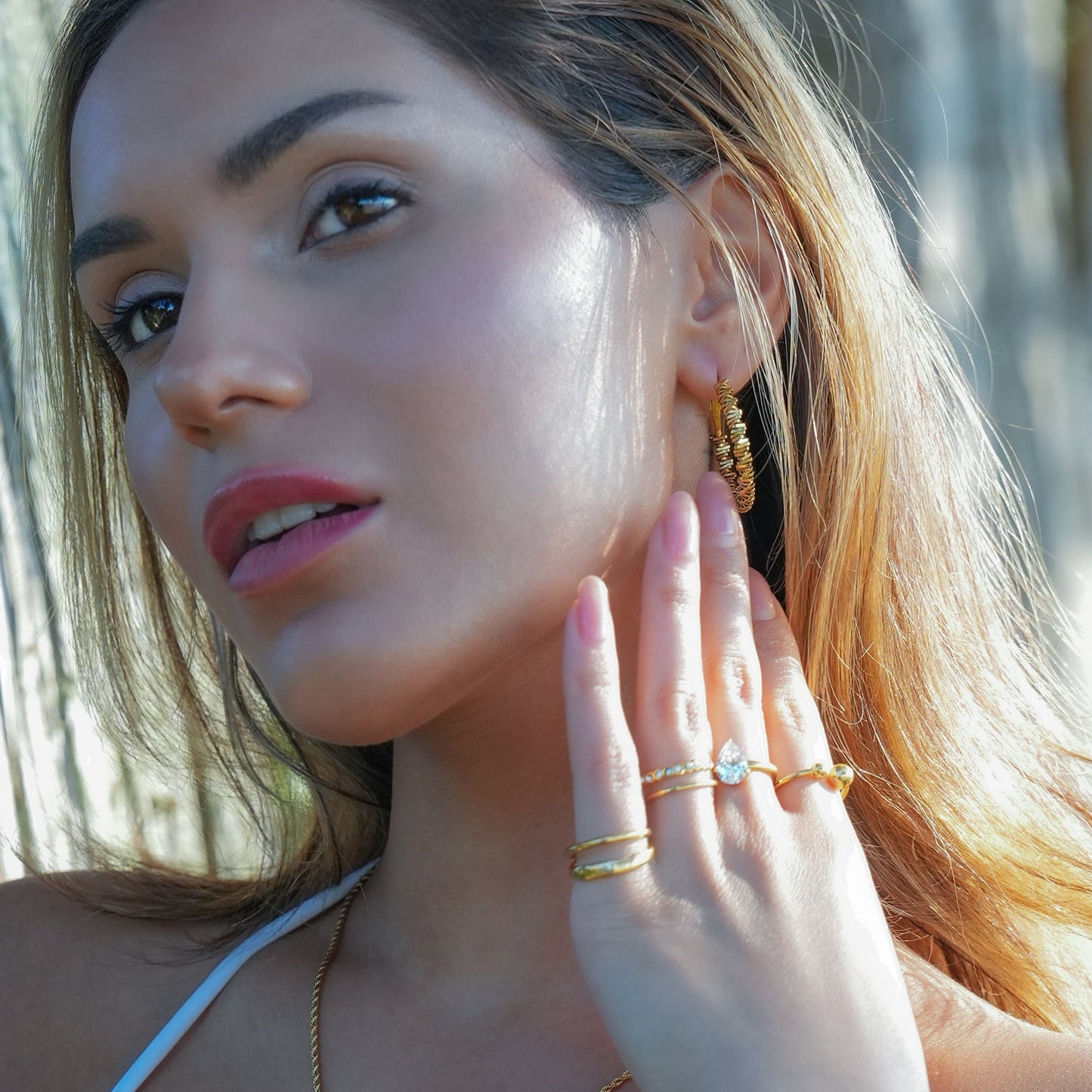 SPRINGDALE Gold: Textured Geometric Square Beaded Hoop Earrings